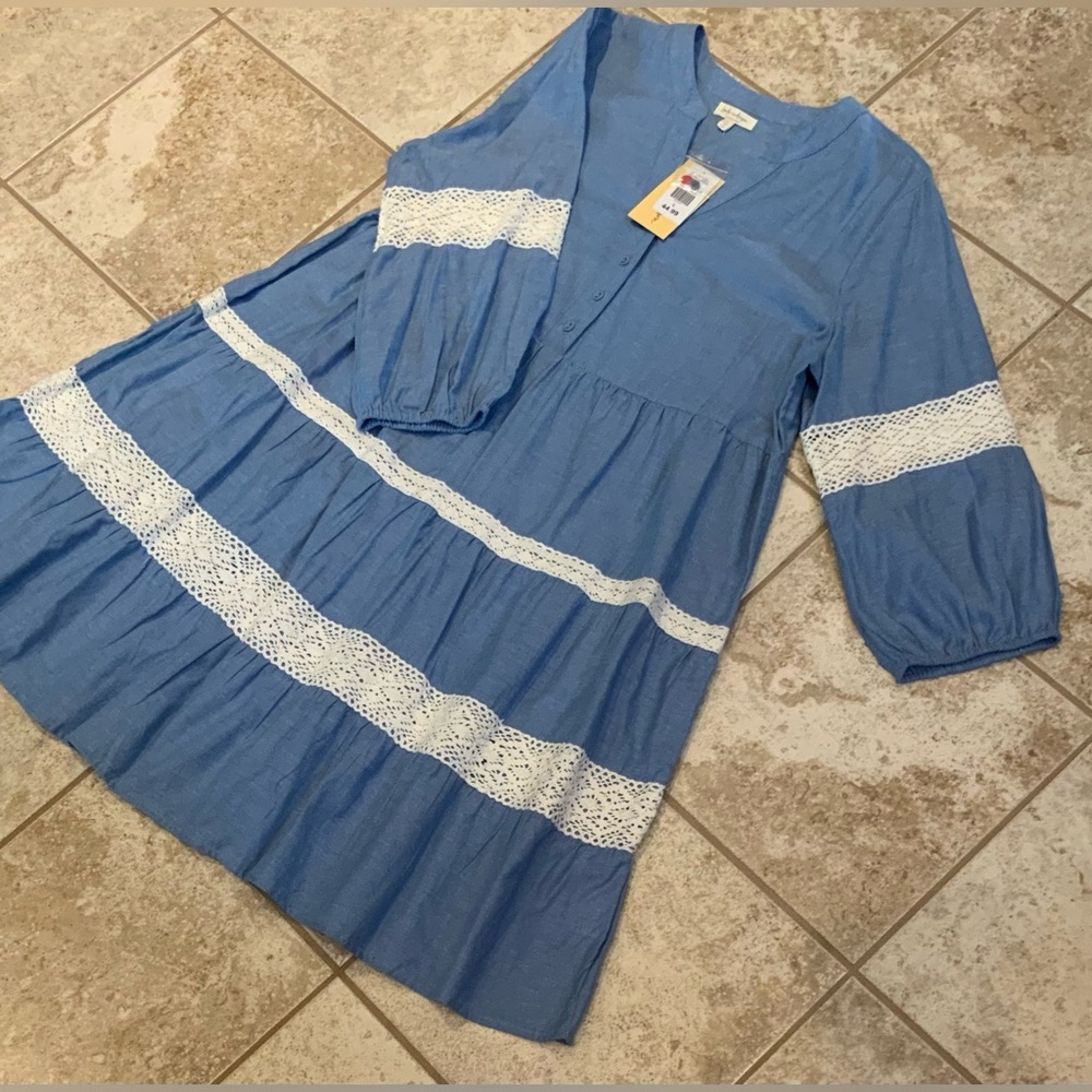 Elegant Blue Chambray and White Crocheted Lace Casual Tiered Dress